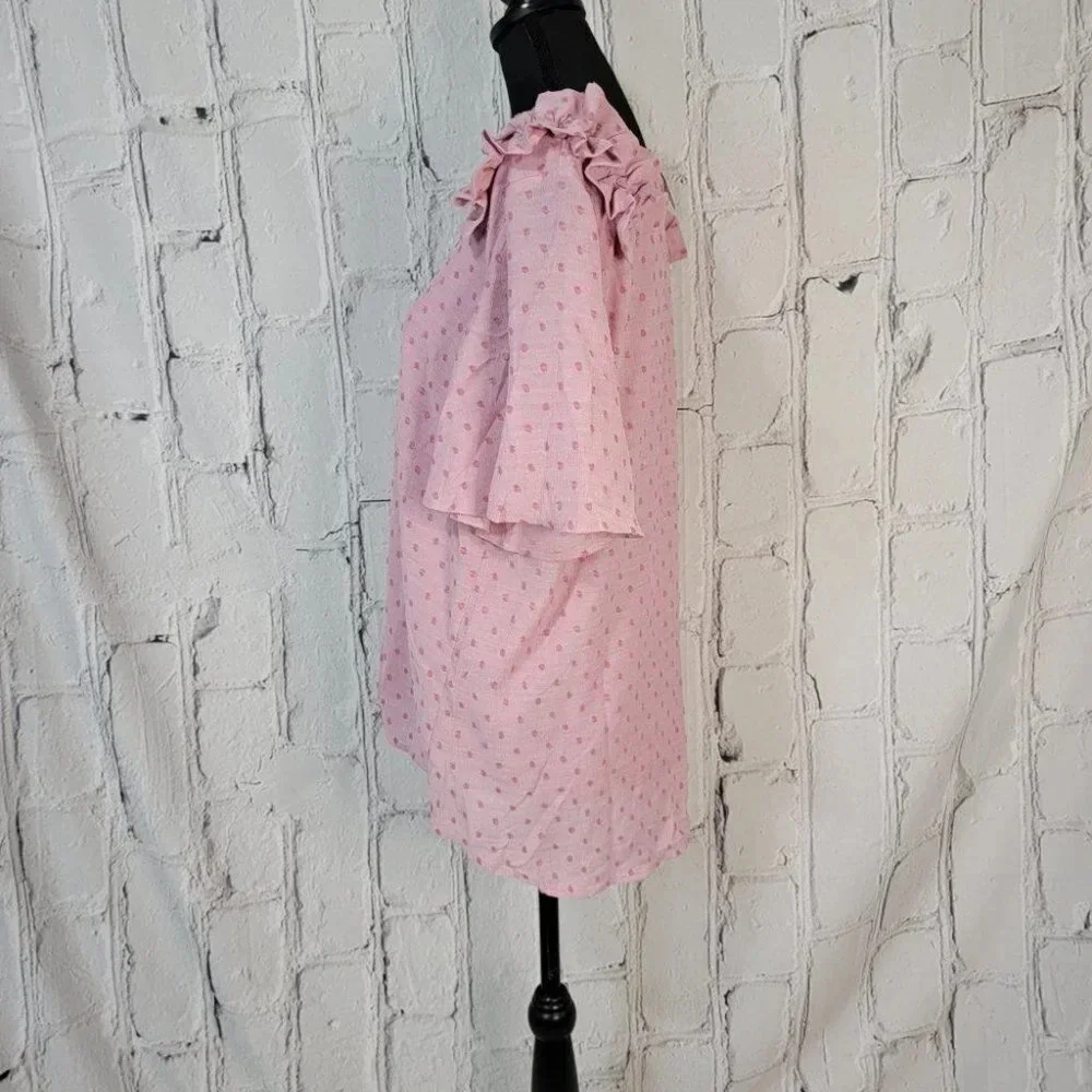 BLUSH Bell Sleeve Pink Swiss Dot Dressy Blouse with Ruffle Detail Womens L NWT - Picture 4 of 8